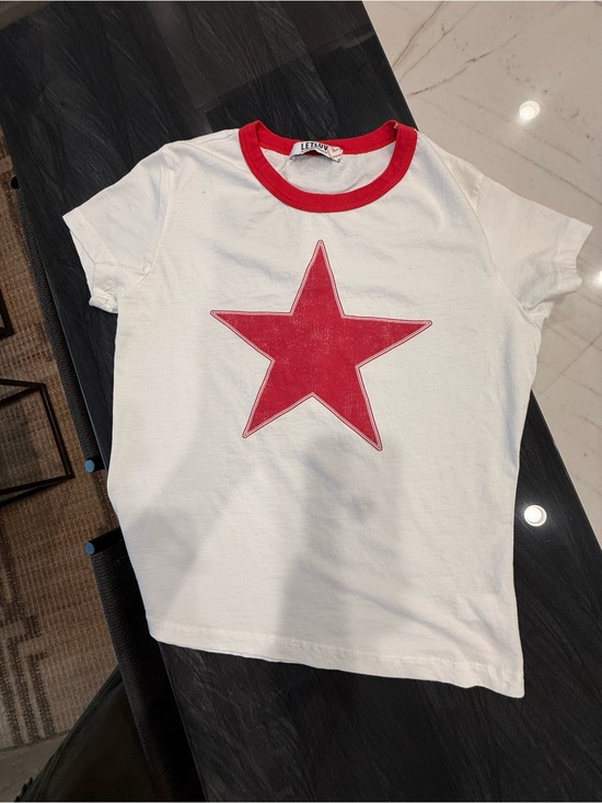 Anthropologie Tops - Anthropologie White Tee with Red Star Graphic and Red Ringer Neck